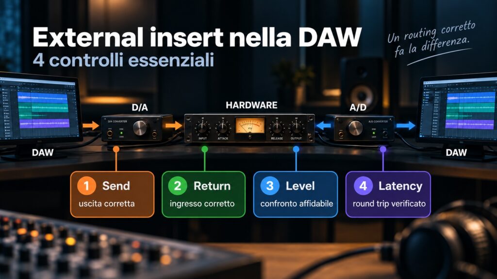 External insert DAW: schema del percorso con conversione D/A, hardware, conversione A/D, send, return, livello e latenza