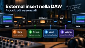 External insert DAW: schema del percorso con conversione D/A, hardware, conversione A/D, send, return, livello e latenza