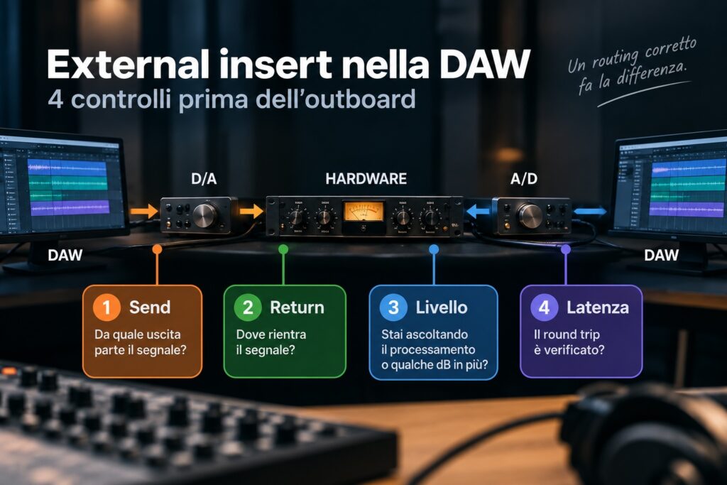 Checklist dei quattro controlli per un external insert nella DAW: send, return, livello e latenza