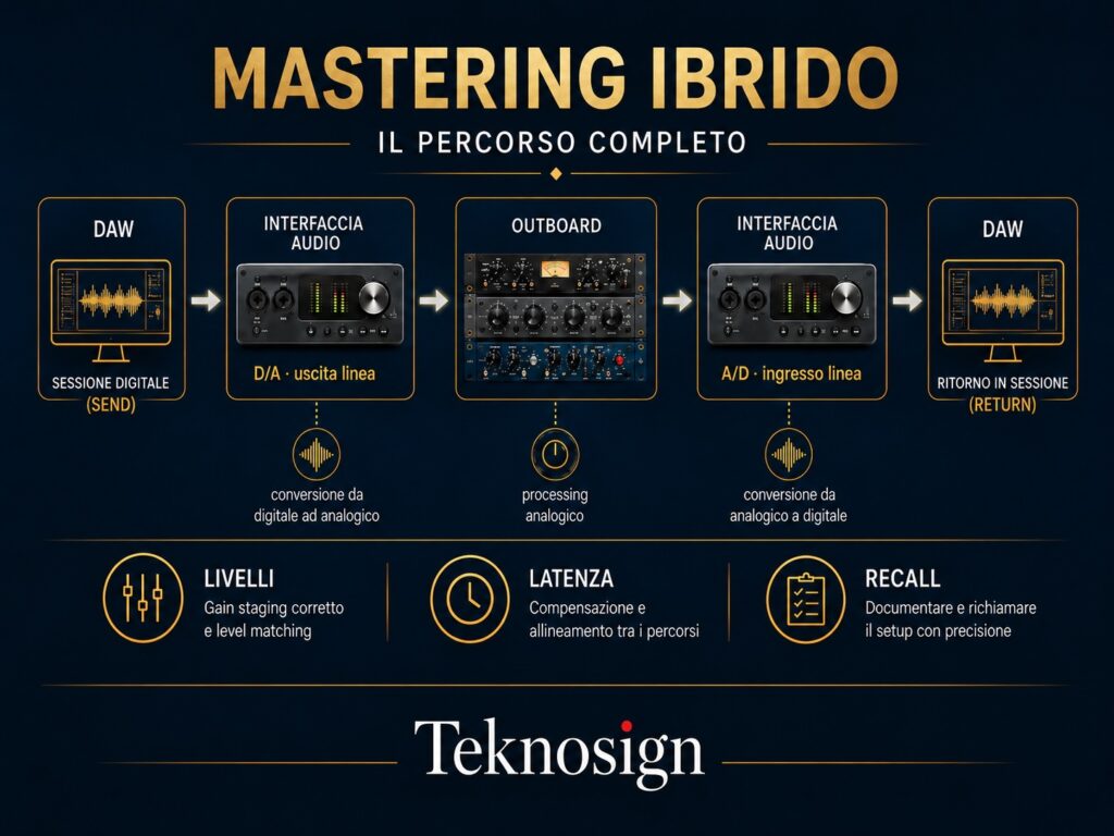 Schema del mastering ibrido con DAW, conversione D/A, outboard, conversione A/D e ritorno in DAW