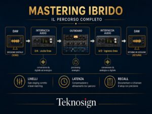 Schema del mastering ibrido con DAW, conversione D/A, outboard, conversione A/D e ritorno in DAW