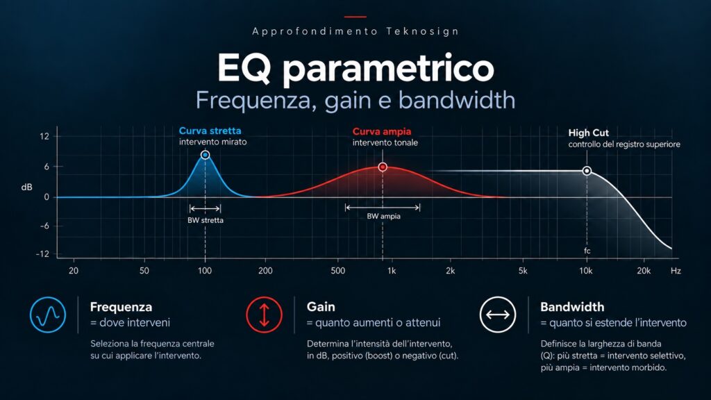 EQ parametrico: frequenza, gain e bandwidth – curve strette e ampie